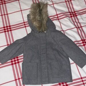 Baby GAP Kids Gray Pea Coat with Faux Fur Trim on Hood. Size 2T
